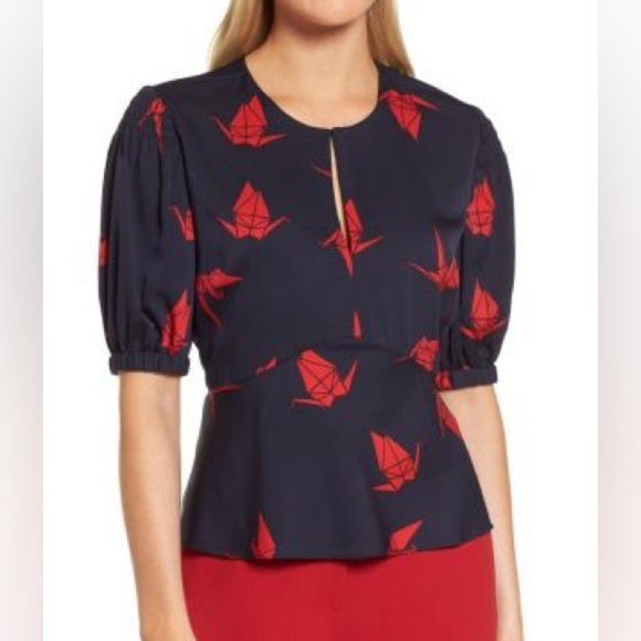 Lewit Silk Blend Origami Paper Crane Bird Novelty Peplum Blue Red Blouse Top S - Picture 1 of 16